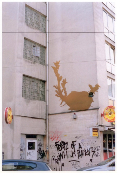 Fotografie einer heruntergekommenen Hausfassade in der Rumfordstraße, die mit vielen Graffitis besprüht ist. Auf eine Hauswand ist das Bild einer gold-braunen Kartoffel, von der große keimende Triebe abgehen, gemalt.