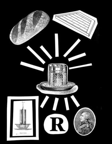 The illustration shows a black and white poster by the artist Martin Fengel. Several images in shades of white and grey appear on a black background. In the centre is a kind of double-walled mug, probably representing a heating device. Other images are grouped around it: A profile portrait of Count Rumford, a loaf of bread, a technical drawing, a large black 'R' on a white background and a rectangle of brickwork.