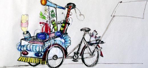 Kolorierte Handzeichnung eines Lastenfahrrads, das mit unterschiedlichen Objekten dekoriert ist. Das imaginierte Gefährt ist u.a. mit einer Leuchte, einem Fernglas und einem Wassertank ausgestattet, um das Fahrrad zu einer mobilen Forschungsstation umzurüsten.