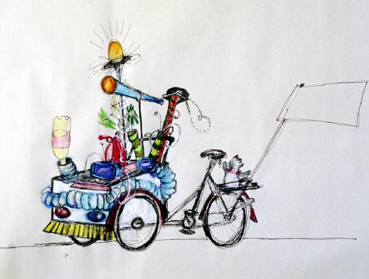 Coloured hand drawing of a cargo bicycle decorated with various objects. The imaginary vehicle is equipped with a light, binoculars and a water tank to transform it into a mobile research station.