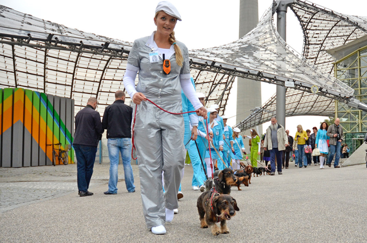The picture shows a photograph taken in the Olympic Park. A group of performers are walking in a row on Coubertinplatz in front of the Olympic swimming arena, all dressed in single-colour overalls in blue, silver and green and white caps. Each performer walks a dachshund on a lead, forming a dachshund parade. The parade is accompanied by a number of passers-by and onlookers.