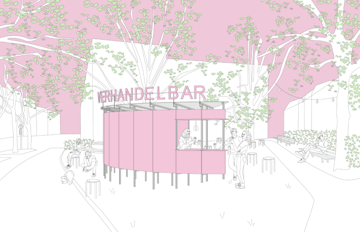 The image shows a computer-generated architectural sketch. The objects in the sketch are outlined in black on a white background. An unspecified square with trees can be seen, on which a semi-circular structure on stilts stands, apparently intended to represent a bar. On this structure is a large lettering in capital letters with the word "Negotiable". Scattered around the sketch are several people standing at the bar or sitting around it on benches or stools.